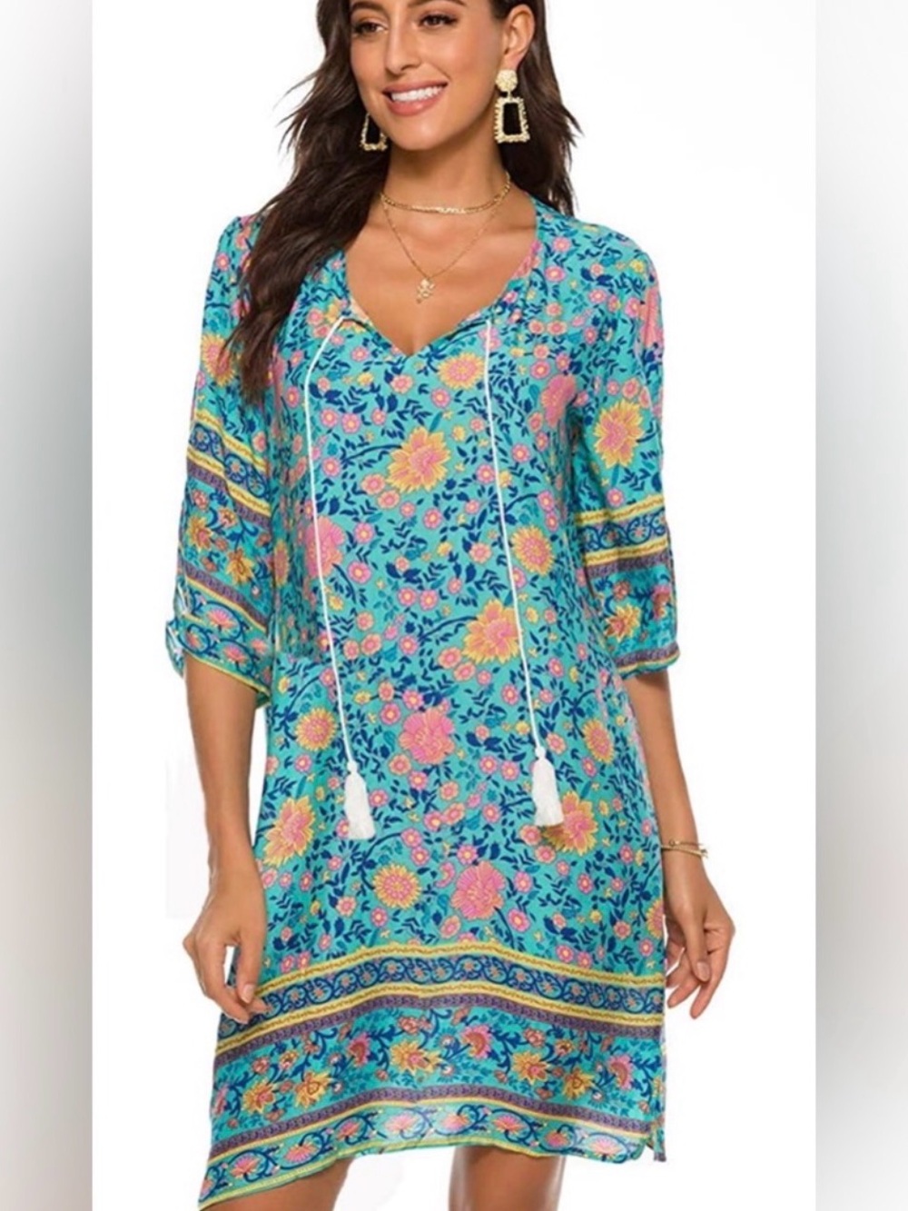 Halife Turquoise Floral Tie-Accent Shift Dress NWOT